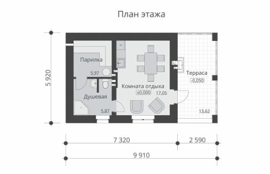 Эскизный проект одноэтажной бани с камином на террасе